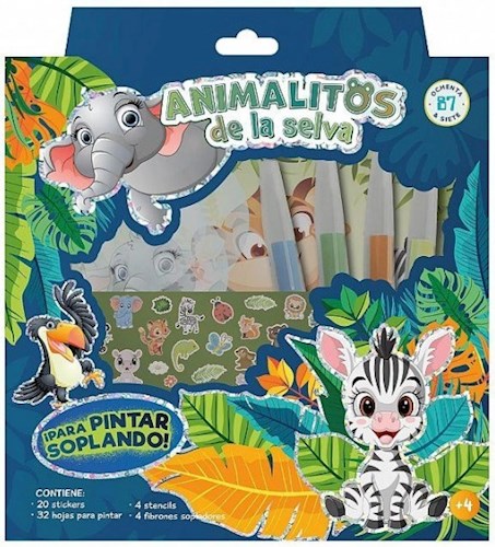 Papel ANIMALITOS DE LA SELVA (PARA PINTAR SOPLANDO) [20 STICKERS+32 HOJAS+4 STENCILS+4 FIBRON. SOPLADORES]